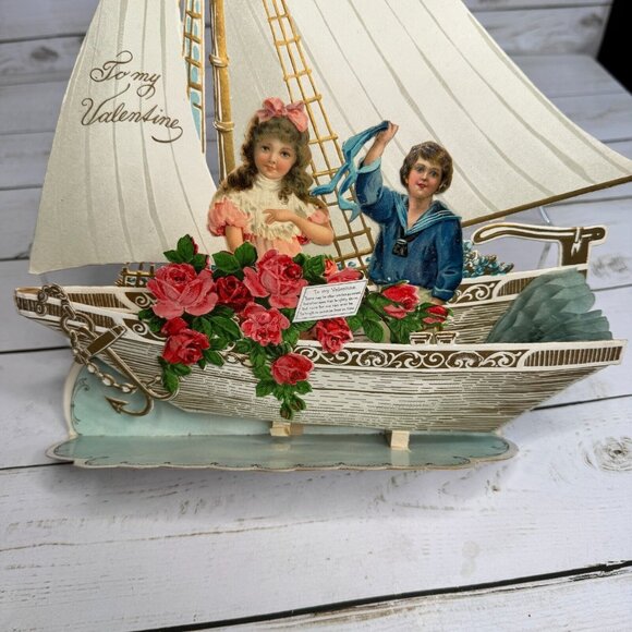 Vintage 1930's To my Valentine Victorian 3D Sailboat Pop Card Couple Celebration - Picture 7 of 9